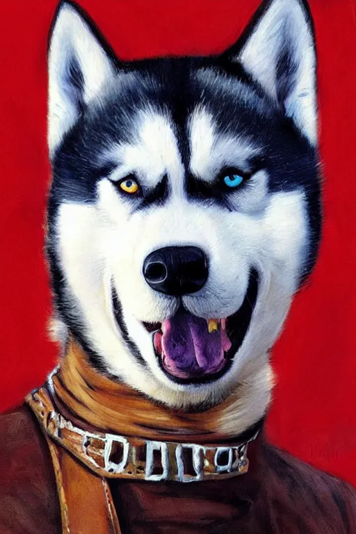 Prompt: a portrait painting of a husky in cowboy costume in the style of anime, a fistful of dollars, for a few dollars more, humanoid, the good the bad and the ugly, personify, anthropomorphic