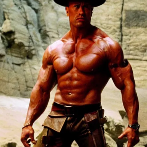 Image similar to dwayne johnson as arnold shwarzenegger in indiana jones