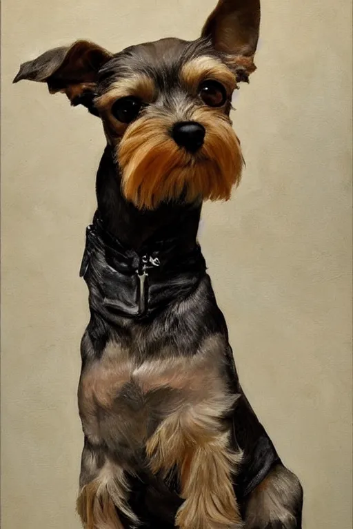 Prompt: tan schnauzer chihuahua mix, big mustache, mangy, painting by jc leyendecker!! phil hale!, angular, brush strokes, painterly, vintage, crisp