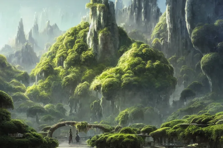 Image similar to Brutalist Solarpunk Shiro in Eden amazing concept painting, by Jessica Rossier , Gleaming White, fey magical lighting, overlooking a valley, Himeji Rivendell Garden of Eden, topiary, manicured gardens, terraced orchards and ponds, lush fertile fecund, fruit trees, by Brian Froud by Beksinski