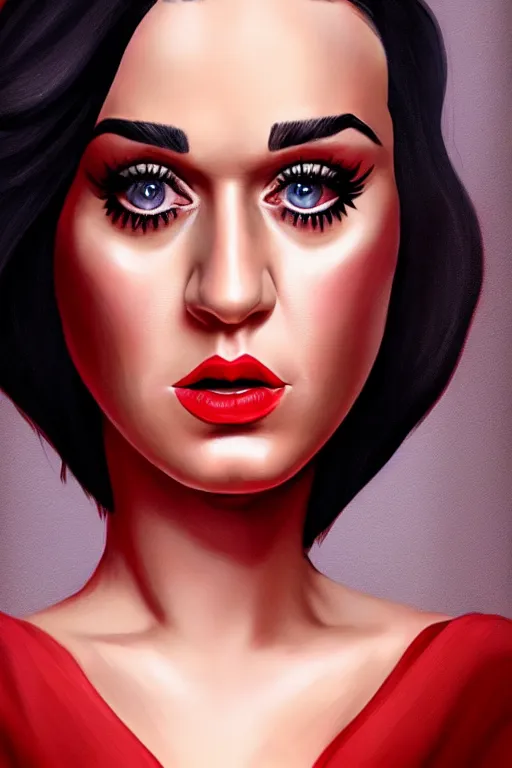Image similar to katy perry in a red dress, realistic portrait, symmetrical, highly detailed, digital painting, artstation, concept art, smooth, sharp focus, illustration, cinematic lighting