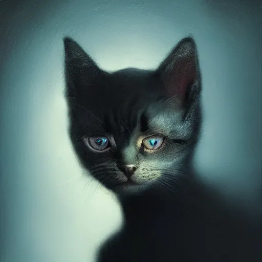 Prompt: a portrait of a kitten wearing a black cloak, cloak covering face, anatomically correct, beautiful perfect face, enigmatic, oil painting, matte, black background, Volumetric dynamic lighting, Highly Detailed, Cinematic Lighting, Unreal Engine, 8k, HD, by Beksinski