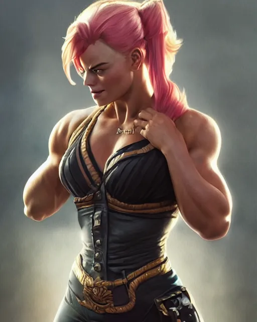 Image similar to full figure ultra realistic illustration, margot robbie as thick female bodybuilder pirate zarya from overwatch smiling with closed eyes, intricate, elegant, highly detailed, digital painting, artstation, concept art, smooth, sharp focus, illustration, art by artgerm and greg rutkowski and alphonse mucha