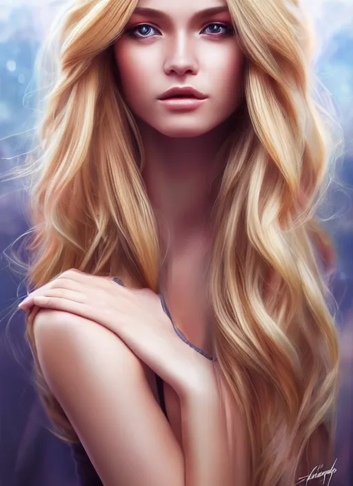 Image similar to image of a gorgeous female with long blonde hair in the style of stefan kostic, realistic, full body shot, wide angle, sharp focus, 8 k high definition, insanely detailed, intricate, elegant, art by stanley lau and artgerm, floating embers