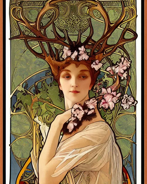 Prompt: an art nouveau painting of a deer with antlers, highly detailed, intricate, artstation, by alphonse mucha and james gurney