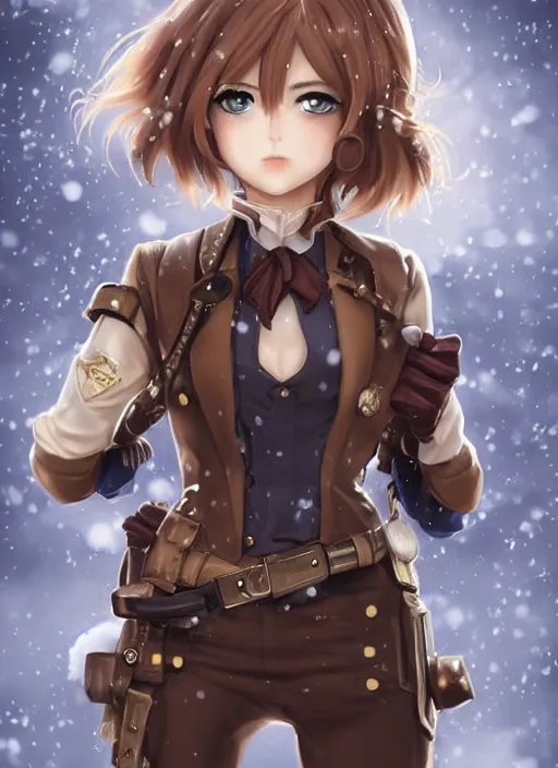 Prompt: girl with steampunk weapons and uniform, serious, intense, finely detailed, made by artgerm, full body portrait, illustration, snow, snowing, cloudy, anime, side view, perfect anime face, realistic face, zoomed out, smooth, brown eyes, high waisted shorts, sharp focus, key visual of your name