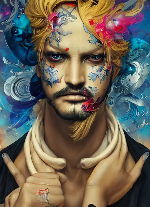 Prompt: beautiful portrait of Vinsmoke Sanji, by Tristan Eaton, Stanley Artgermm, Tom Bagshaw, Greg Rutkowski, Carne Griffiths. trending on DeviantArt, face enhance, hyper detailed, trending on Artstation, 8k, masterpiece, graffiti paint, fine detail, full of color, intricate detail, golden ratio illustration