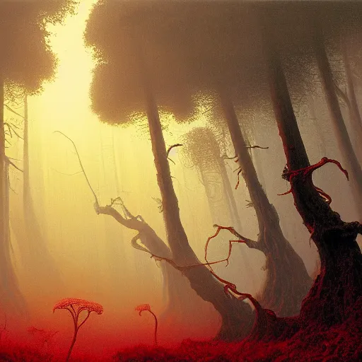 Image similar to landscape painting of redwood forest overrun with red alien vines and cancerous tumor pufball mushrooms with an ominous red sunset, by Beksinski and Ansel Adams and Greg Rutkowski and Moebius