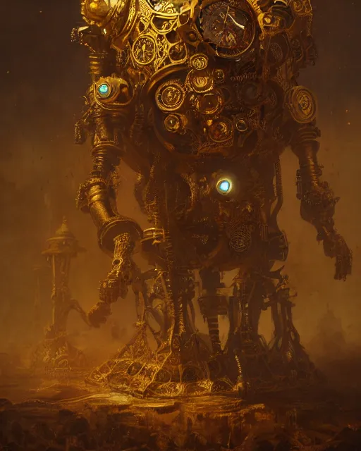 Image similar to oil painting of intricate ornate golden Steampunk Golem, sharp focus, fantasy style, steampunk city background, octane render, volumetric lighting, 8k high definition, by greg rutkowski, highly detailed, trending on art Station, rays of light