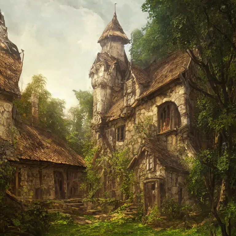 Image similar to a detailed painting of a medieval building in forest. fantasy poster. lord of the rings style. cinematic fantasy scene. fantasy. carl spitzweg. renaissance elements. renaissance element. oil painting. award winning. trending on artstation. 8 k