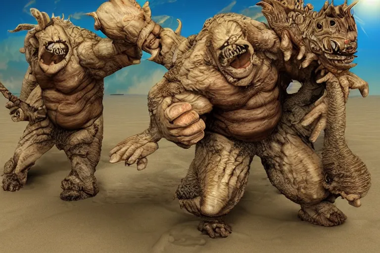 Image similar to photo, two old hairy fat ugly men! fighting alien monsters 4 0 1 2 6 on a beach, highly detailed, scary, intricate details, volumetric lighting, front view