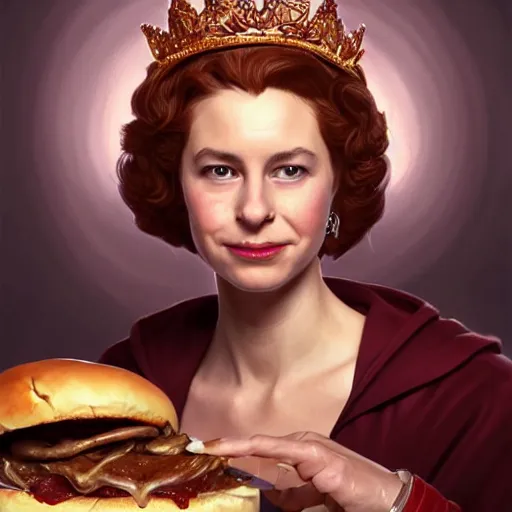 Prompt: Queen Elizabeth II eating cheesesteaks, dripping BBQ Sauce, serving burgers, D&D, spilling ketchup, fantasy, intricate, elegant, highly detailed, digital painting, artstation, concept art, matte, sharp focus, illustration, hearthstone, art by Artgerm and Greg Rutkowski and Alphonse Mucha