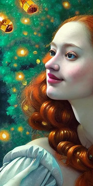 Image similar to infp young woman, smiling amazed, golden fireflies lights, full covering intricate detailed dress, amidst nature, long red hair, accurate linework, green eyes, small nose with freckles, oval shape face, realistic, expressive emotions, dramatic lights, hyper realistic ultrafine art by artemisia gentileschi, caravaggio, jessica rossier, boris vallejo