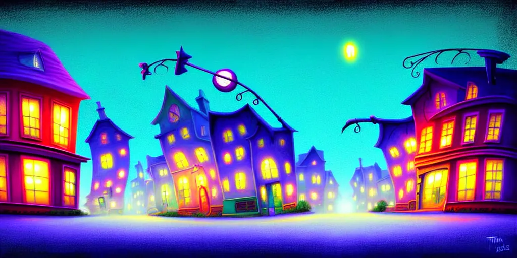 Prompt: curved perspective digital art of a summer night small town street pastel colors from tim burtons nightmare before christmas by petros afshar