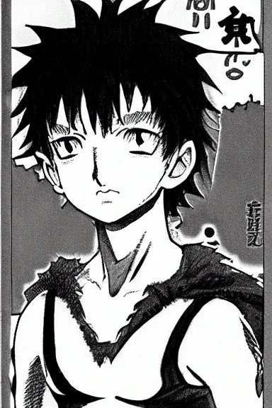 Image similar to attractive salvage little boy in cat suit, black and white artwork made by kentaro miura and yoshihiro togashi