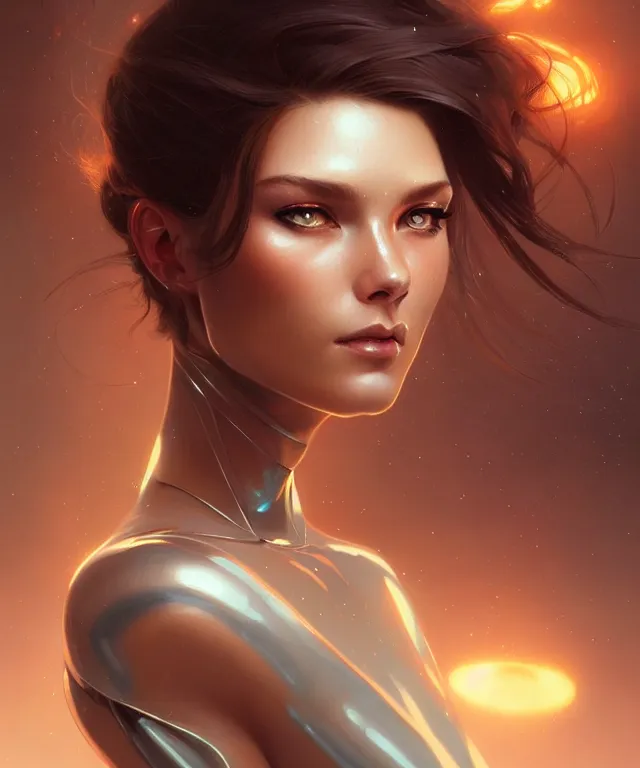 Image similar to futuristic young woman portrait, sci-fi, amber eyes, face, long hair, fantasy, intricate, elegant, highly detailed, digital painting, artstation, concept art, smooth, sharp focus, illustration, art by artgerm and greg rutkowski and alphonse mucha