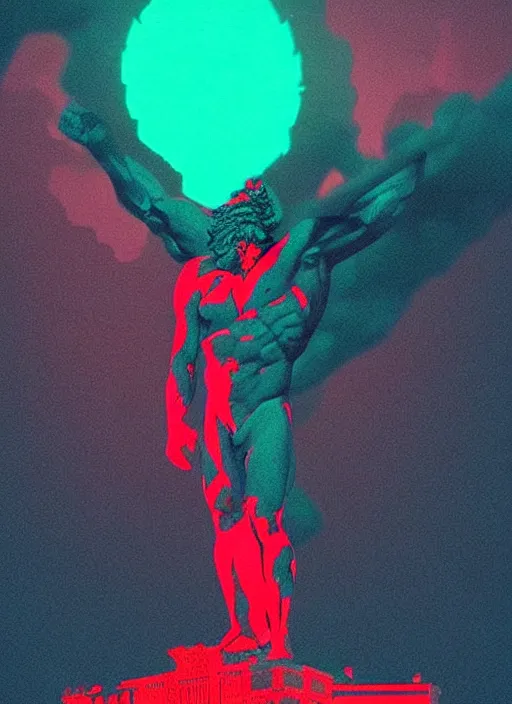 Image similar to statue of hercules looking angry, beeple, vaporwave, retrowave, black background, neon, black, glitch, strong contrast, neon wiring, cuts, american gods intro, pinterest, trending on artstation