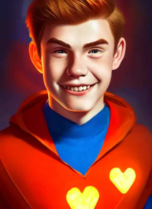 Image similar to friendly teenage archie andrews wearing an orange superhero costume with heart logo, heart, freckles, blue cape, heart emblem on chest, blue cape, intricate, elegant, glowing lights, highly detailed, digital painting, artstation, sharp focus, illustration, art by wlop, mars ravelo and greg rutkowski