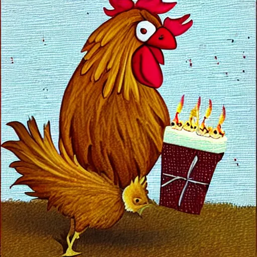 Image similar to (in a barnyard (a big rooster)(a birthday cake(with three candles))(a small downy baby chick))