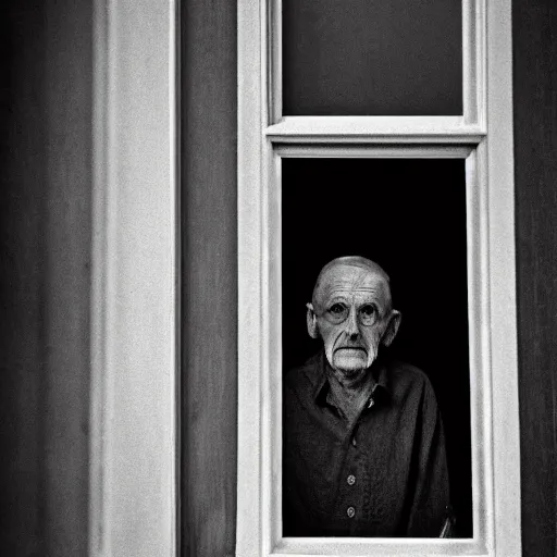 Image similar to a featureless old man seen through a window