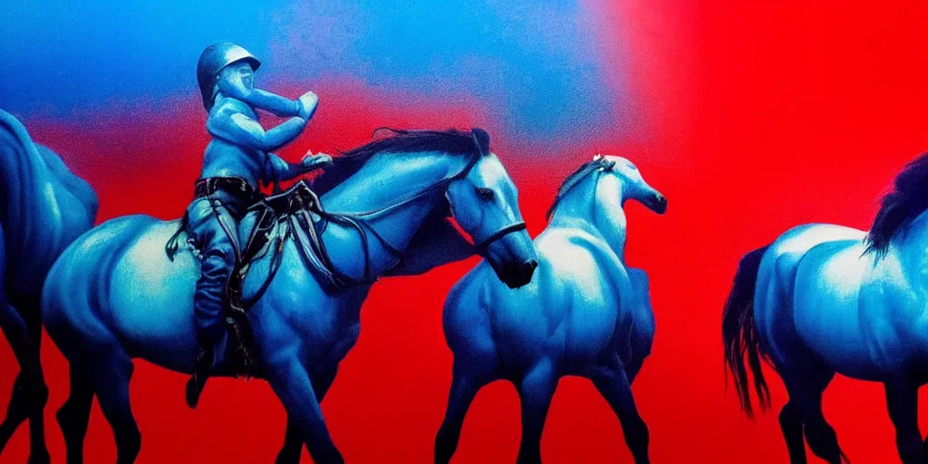 Image similar to blue inside out horses galloping with cowboys riding, too many hands in all directions, too many teeth, too many eyes, in hoc signo vinces, waterfall, in the style of gottfried helnwein, high contrast chiaroscuro, intricate composition, blue light, insanely quality, highly detailed, masterpiece, red light, artstation