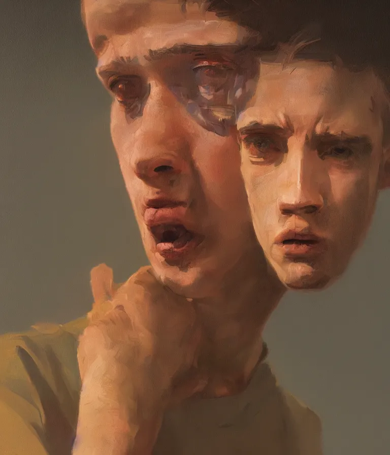 Image similar to a portrait of an overwhelmed young man in a painting from stalenhag, 4 k, 8 k, hdr, artstation, concept art