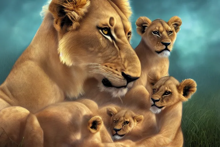 Prompt: beautiful aesthetic digital illustration of a lioness with a litter of baby cubs by Lisa Parker and Anne Stokes, matte background, deviantArt, artstation, trending on artstation