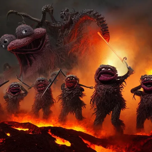 Prompt: an army of muppet demons flying out of a volcano with flag bearers and trumpeters, intricate detail, royo, vallejo, frazetta, giger, whealan, hd, unreal engine,