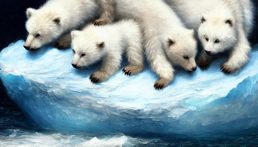 Image similar to highly detailed painting of cute furry white baby bear cats cuddling into each other on a blue and white iceberg by william turner, by greg rutkowski, by william constable, thick brush strokes and visible paint layers, 4 k resolution