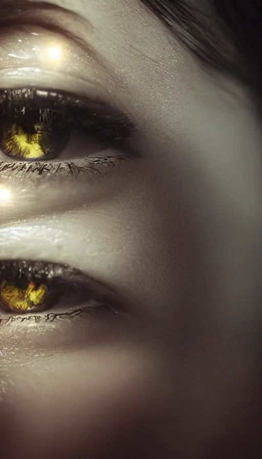 Image similar to a close up of very tired eyes, moody lighting, lens flare, atmosphere, glow, detailed, intricate, full of colour, cinematic lighting, trending on artstation, 4 k, hyperrealistic, focused, extreme details, unreal engine 5, cinematic, masterpiece
