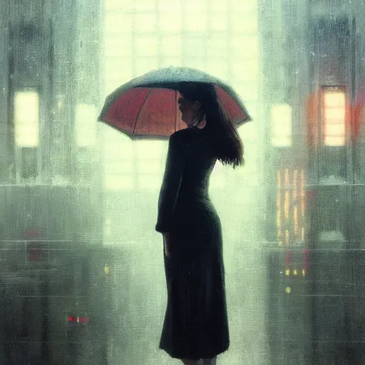 Image similar to detailed portrait of a woman, moment, cyberpunk cloisters, electronic billboards, searchlight, tech noir, wet reflections, atmospheric, ambient, livia prima, greg rutkowski, edward hopper