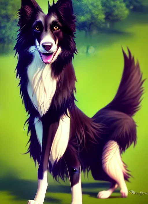 Image similar to wide angle beautiful full body portrait of a cute male anthro border collie fursona posing in front of a park, character design by charlie bowater, henry asencio, and ross tran, furry art, furaffinity, beautiful, glamor pose, detailed, aesthetic, trending on artstation