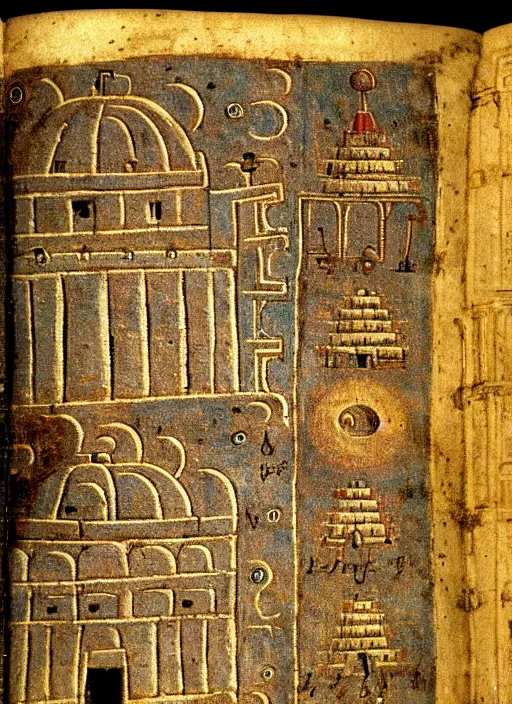 Prompt: ufo attacking an ancient city, photo of a 1 5 th century codex book, 8 k