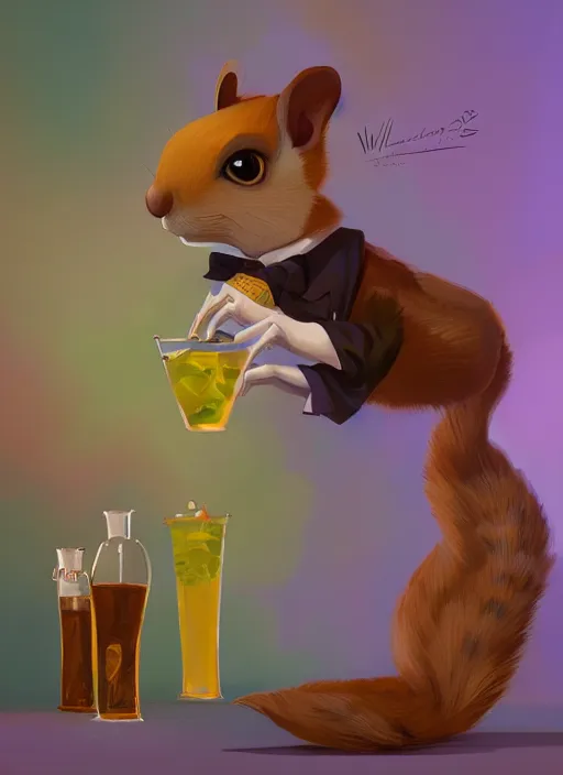 Prompt: squirrel anthro as a dapper bartender with a huge fluffy tail, retro futurism, art deco, detailed painterly digital art by WLOP and Cory Loftis, 🐿🍸🍋, furaffinity, trending on artstation