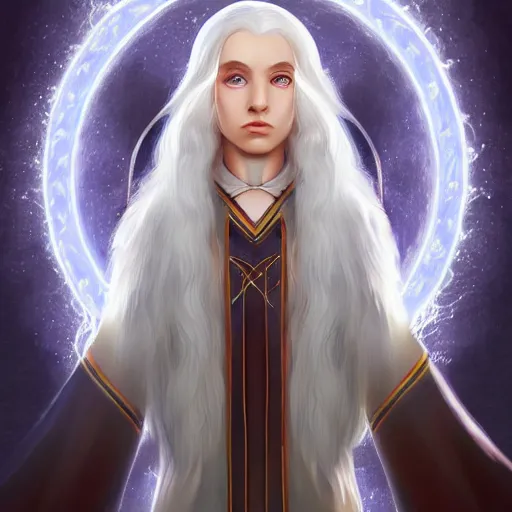 Prompt: Beautiful white haired aged fair skinned scholar elf with spell scroll and lightning background, full body, symmetrical, realism, digital painting, detailed artwork, portrait, mythical, artstation