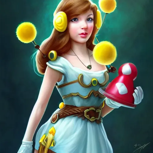 Image similar to cute princess daisy from super mario as realistic brunette human character art portrait, matte fantasy painting, deviantart artstation, by jason felix by steve argyle by tyler jacobson by peter mohrbacher, cinema c 9. 0