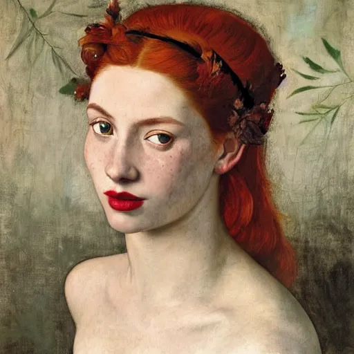 Image similar to a highly detailed portrait of a red haired young woman, among golden fireflies and nature, deep green eyes, hint of freckles, round gentle face, cheeky smile with red lips, deep focus, smooth, sharp, golden ratio, elegant, hyper realistic art by artemisia lomi gentileschi, caravaggio and sakimichan