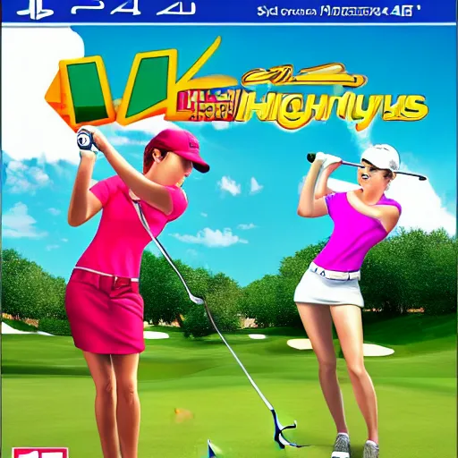 Image similar to video game box art of a game called miley cyrus golf, 4 k, highly detailed cover art.