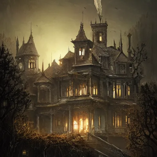 Image similar to detailed the huge haunted house on the edge of a hill , highly detailed, illustration, fantasy art, in the style of greg rutkowski, epic, fantasy, intricate, hyper detailed, artstation, concept art, smooth, sharp focus, ray tracing