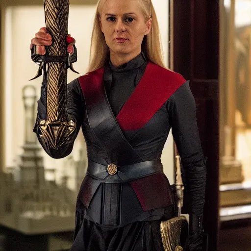 Prompt: the UK queen holding mjolnir looking angry