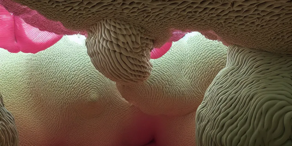 Image similar to biomorphic inflated latex structures by ernesto neto, light - mint with light - pink color, 4 k, insanely quality, highly detailed, film still from the movie directed by denis villeneuve with art direction by zdzisław beksinski, telephoto lens, shallow depth of field