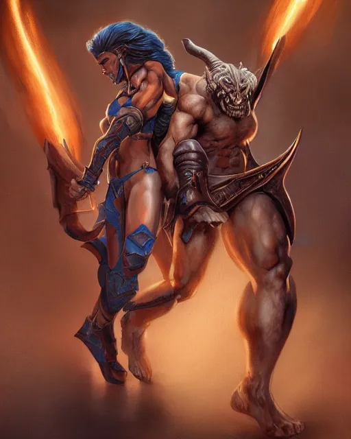 Image similar to female athletic body type and male warrior strong body type holding each other close by Boris Vallejo, moody, character design concept art, diablo, warcraft, hard surface, Character design, concept art, fantasycore, Hyperdetailed, Artstation