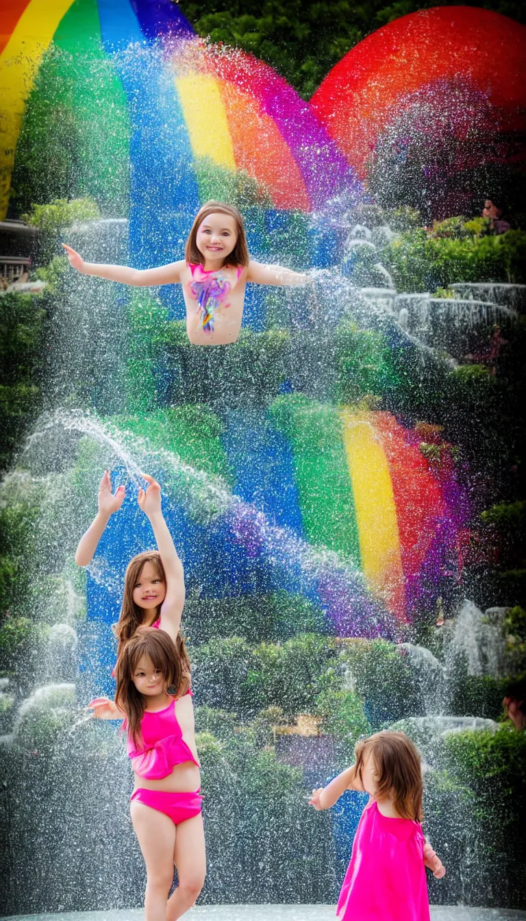 Image similar to Beautiful girl under the rainbow fountain,