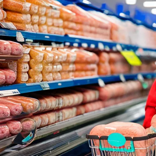 Image similar to photo of a pig shopping for sausages in WalMart