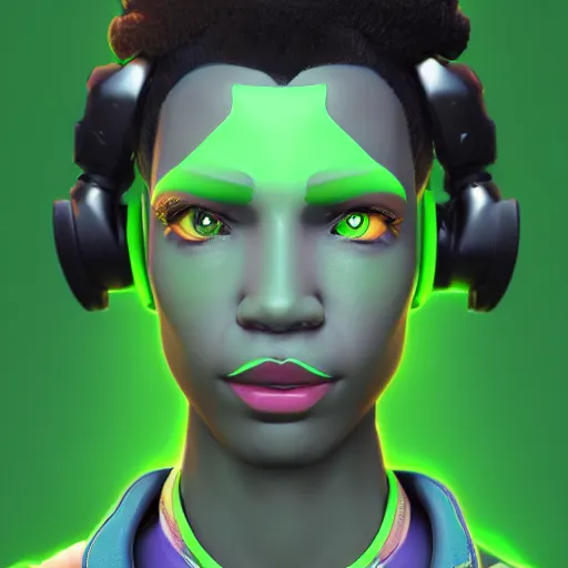 Prompt: gender-bent lucio, digital art, 3D model, in-game portrait, unreal engine 5, made by blizzard, overwatch gallery, green background