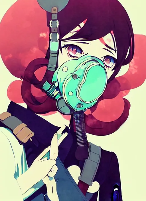 Image similar to singular girl with wearing ww 2 gas mask, ww 2 uniform, very anime!!! anime!! intricate details, aesthetically pleasing pastel colors, smoke poster background, art by conrad roset and ilya kuvshinov