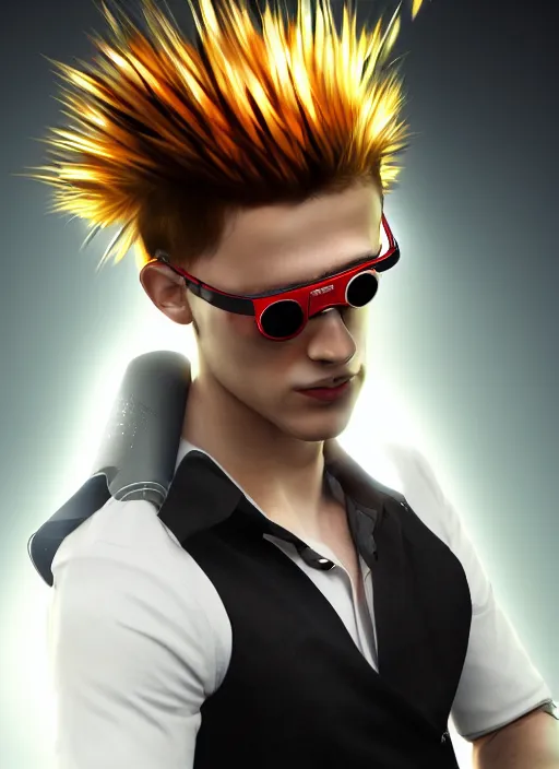 Image similar to photorealistic young man with red spiked long hair, using googles. Wearing black waistcoat, white shirt. rockstar. dynamic lightning. rpg portrait