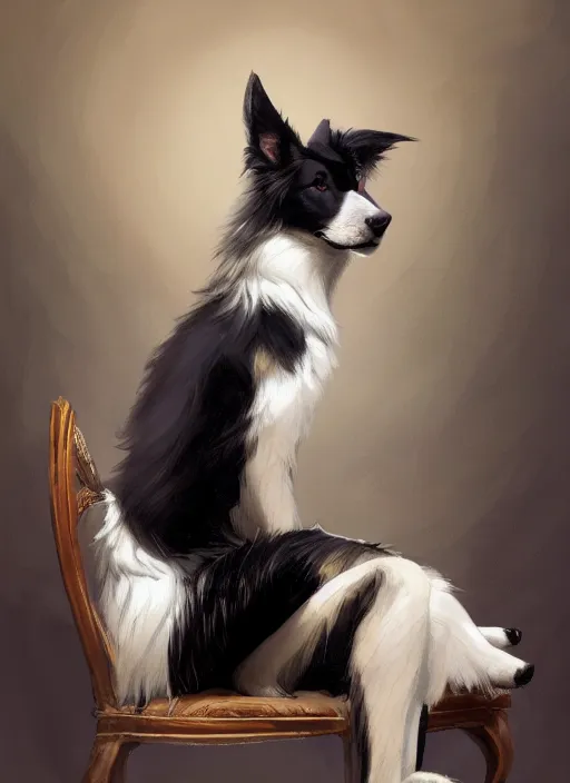 Prompt: wide angle beautiful full body portrait of a male anthropomorphic anthro border collie fursona sitting in a parlor room, character design by charlie bowater, henry asencio, and ross tran, disney, scenic background, detailed, aesthetic, trending on artstation, furaffinity, deviantart