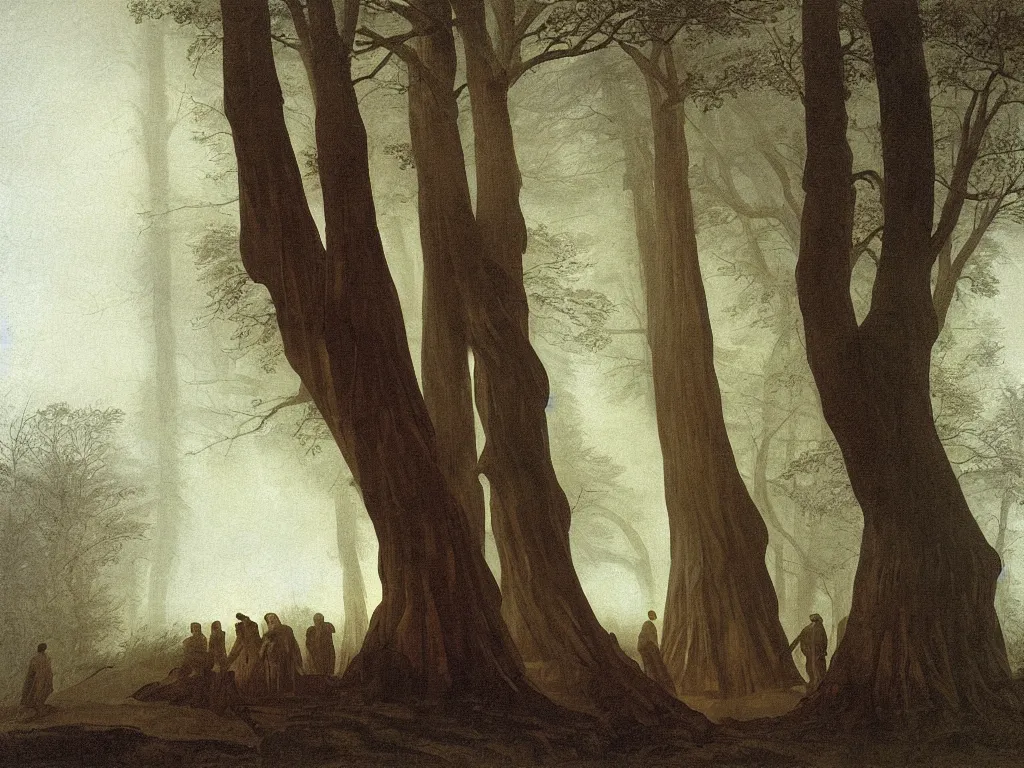 Prompt: People from the tribes stuck in the mud near a giant fallen sequoia tree. Fog. Painting by Caspar David Friedrich,Caravaggio