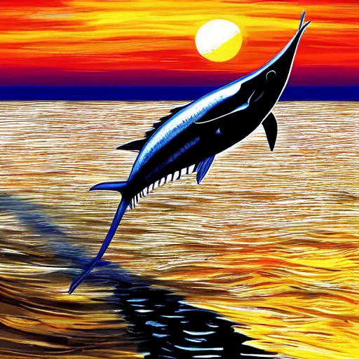 Prompt: detailed blue marlin jumping in front of sunset, dusk, calm seas, digital painting, smooth, sharp detail, 4 k ultra hd
